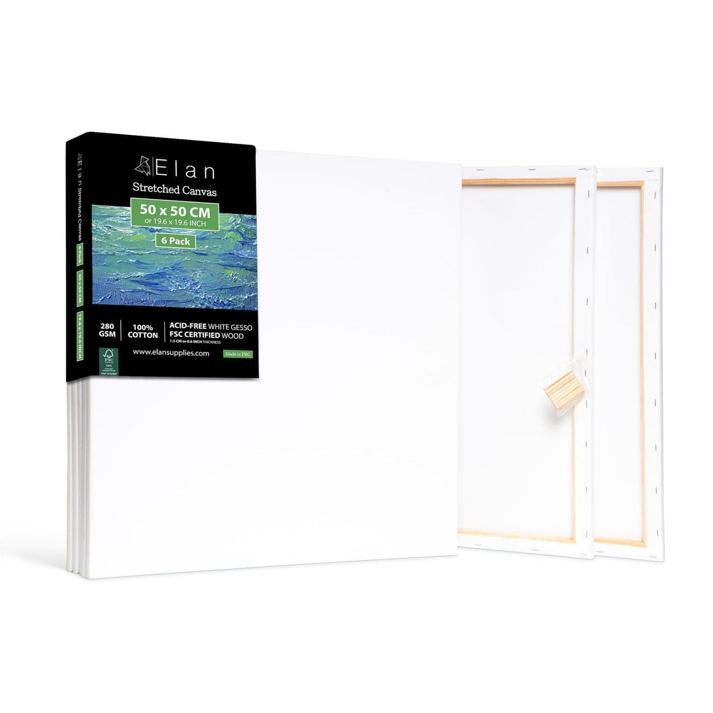 Elan Stretched Canvases 50x50 CM 6Pack Large Canvas for Painting 280 GSM Triple Primed Large Stretched Canvas for Painting 50x50 CM