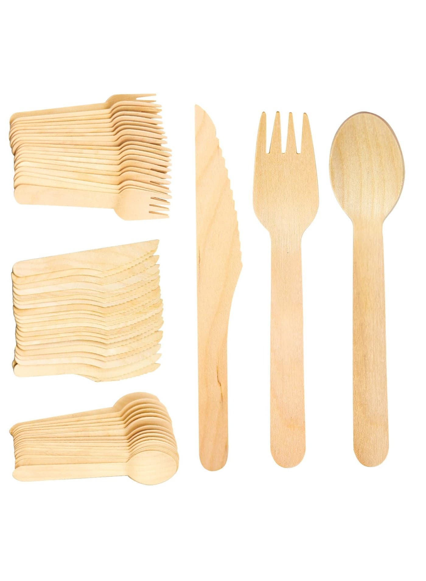 300 Piece Wooden Cutlery Set Disposable Bamboo Cutlery Eco Friendly 100% All-Natural Birchwood Biodegradable For Picnic Party Celebrations - 100 Wooden Forks 100 Wooden Knives 100 Wooden Spoons