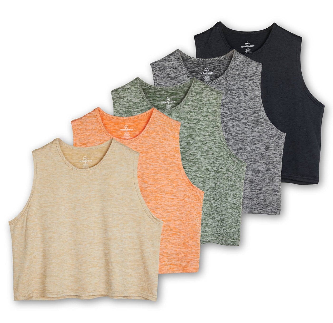 Real Essentials 5 Pack Womens Dry Fit Crop Summer Tank Top Gym Yoga Workout Sports Tee Available in Plus Size Set 4 L