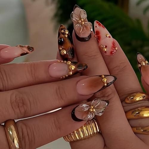 HOSAILY Medium Almond 3D Brown Gold Flower Press on Nails Tortoiseshell Leopard French Tip Blossom Gradient Design24Pcs Handmade FallAutumnNew Year Glue on Acrylic Fake Nail Press ons for Women