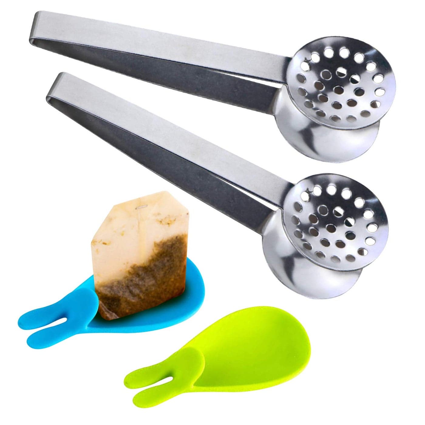 SNAIL GARDEN 2Pcs Stainless Steel Tea Bag Tongs Round Tea Bag Squeezer with 2Pcs Bunny Silicone Tea Bag Holders Rests 6inch Tea Bag Strainer Clips Herb or Sugar Ice Cube for Kitchen Bar Tools