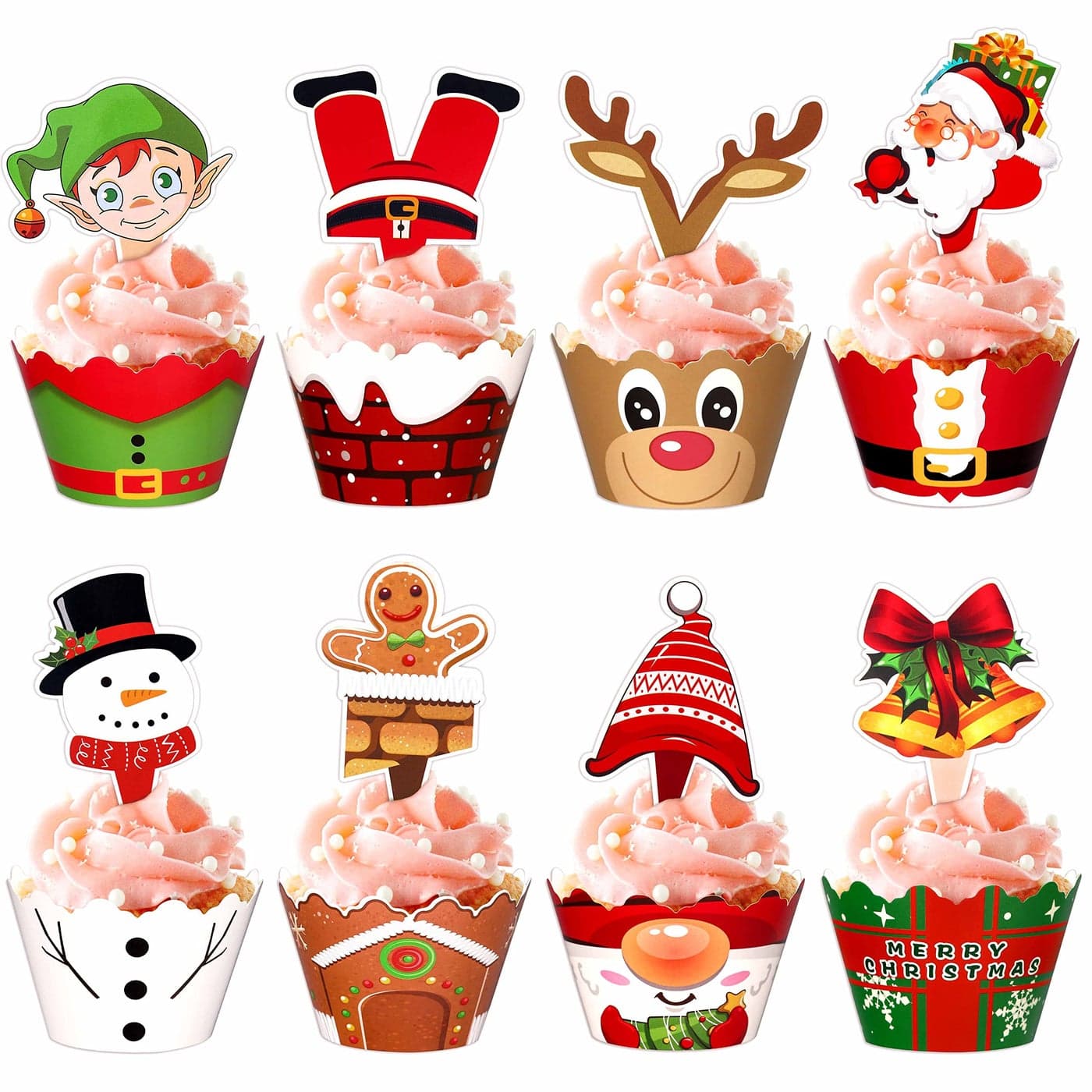 128 Pieces Christmas Cupcake Toppers Wrappers Party Supplies Favors Snowman Santa Claus Reindeer Elf Gnome Gingerbread