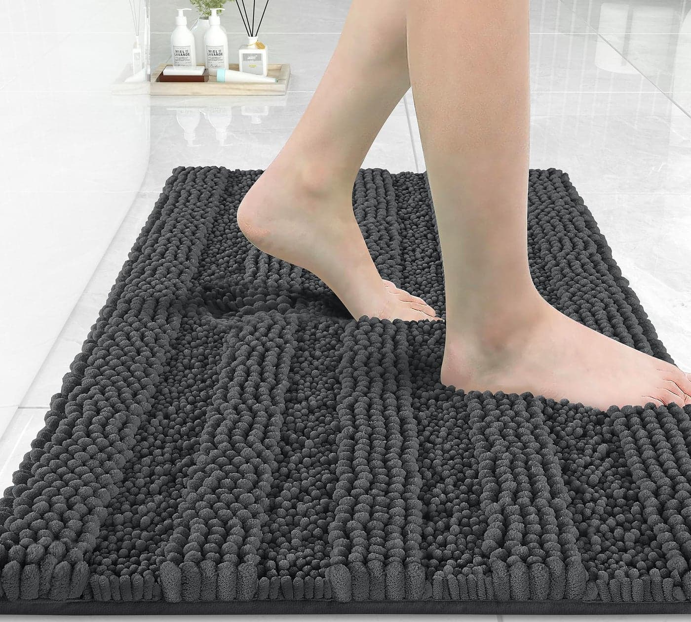 Yimobra Bathroom Rug Mat 32 x 20 Non Slip and Super Absorbent Bath MatMachine Washable Quick DryUltra Plush Chenille Shower Rugs for Bathroom Floor Sink Tub and Shower OutsideDark Grey