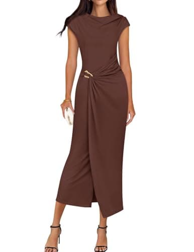 ZESICA Women's 2025 Summer Mock Neck Casual Bodycon Dress Cap Sleeve Elegant Cocktail Party Long Midi Dresses,Brown,Small