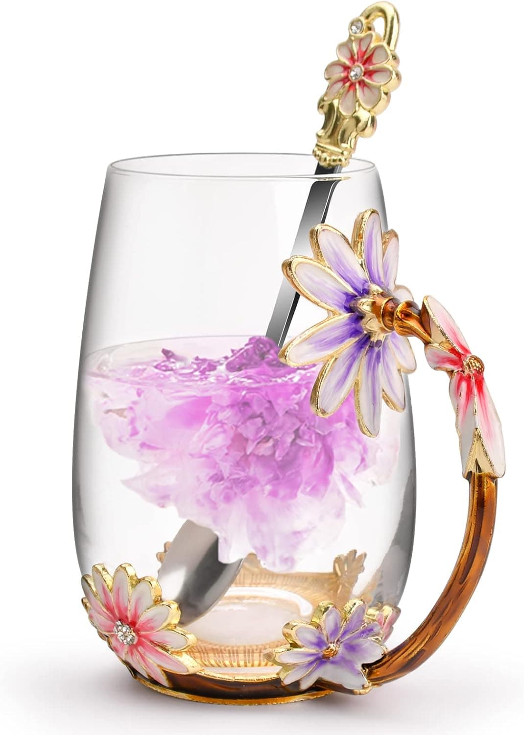 OEAGO Purple Gifts for Women Mom Mothers Day Glass Coffee Enamels Mug Best Birthday Flower Gifts for Her from Daughter Son LeadFree Christmas Tea Cup with Spoon Set