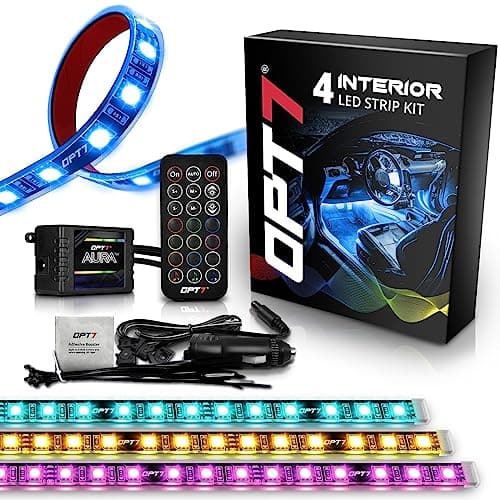OPT7 Aura Interior Car Lights with Remote Control, Color Change, Music Sync Inside Ambient Lighting Kit, LED Light for Cars Trucks Under Dash Accessories, Charger Adapter 12V, 4pc Single Row LED Strip