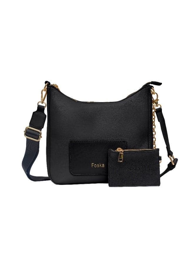 FOSKA Women's Crossbody Bag with Detachable Strap, Premium Design Synthetic Material Handbag with Polyester Lining, Organised Storage Bag for Work, Travel & Everyday Use, Black (308174)