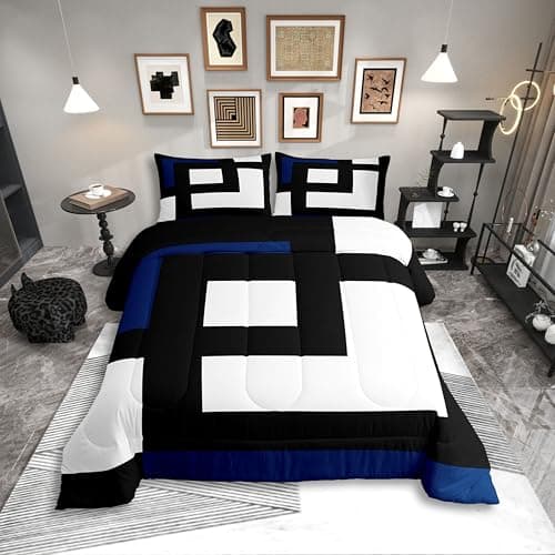 Erosebridal Blue Black and White Striped Queen Comforter Set for Adult Women Men Square Abstract Bedding Set Modern Geometric Stripes Bold Lines Bed Set Minimalist Stylish Plaids Quilt Set