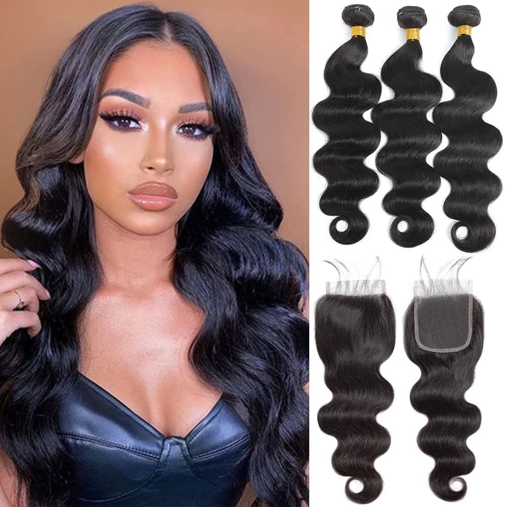 Kapelli Hair Body Wave Human Hair 3 Bundles with Closure 10A Brazilian Virgin Hair Bundles with Lace Closure 22 24 2620closure Virgin Body Weave Bundles Human Hair Extensions Natural Black Color