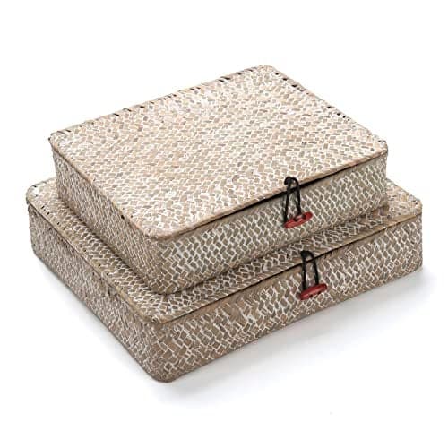 Whitewash Seagrass Basket with Lid Rectangular Decorative Storage Boxes for Shelf Organize Snack Toys Set of 2 (Large+Small)