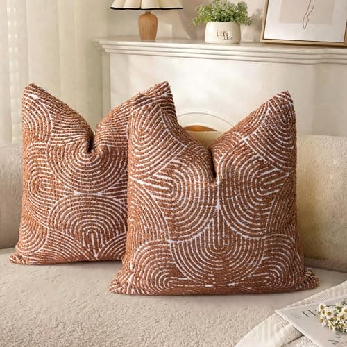 AELS Boho Decorative Textured Throw Pillow Covers 18x18, Organic Modern Mid Century Rainbow Tufted Pillow Case, Farmhouse Rustic Geometric Woven Cushion Case for Bed Couch Sofa, Burnt Orange
