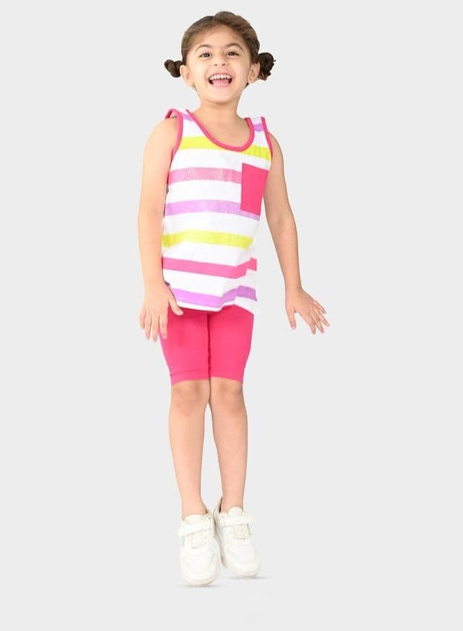 Girl's Multicolour/Dark Pink 100% Cotton Printed Regular Fit Clothing Set