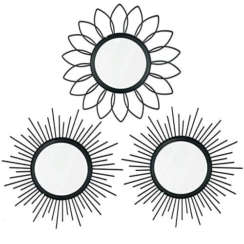 3 Pack Metal Mirrors for Wall Sunburst Wall Mirrors Home Décor Decorative Hanging Wall Art for Living Room Bedroom Entryway (Black, Flower+Sunburst)