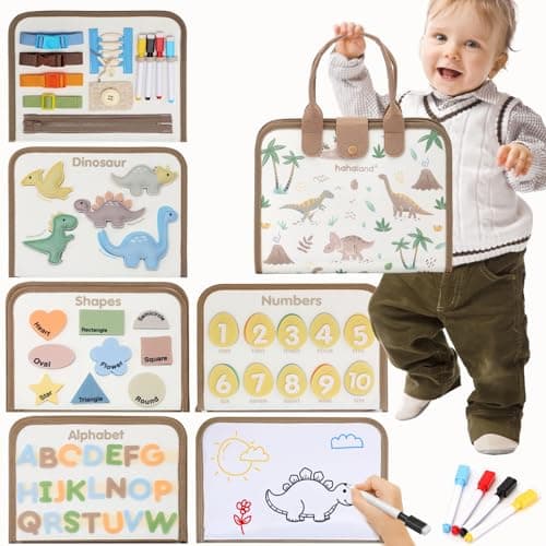 hahaland Montessori Busy Board for Toddlers Boy Toys Birthday Gift Travel Toys Dinosaur Alphabet Number Shape Drawing Life Skills