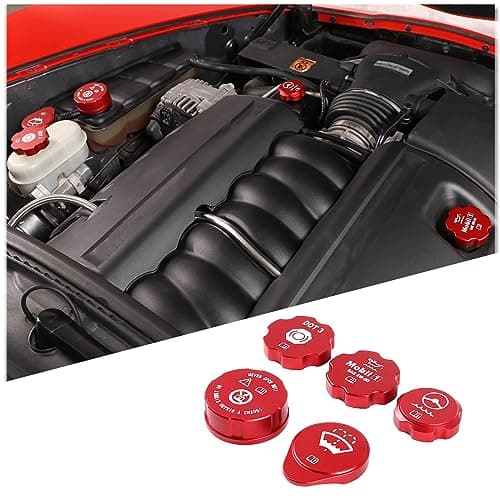 Engine Oil Cap Radiator Cap Washer Cap Brake Fluid Cap Cover Trim Compatible with Chevy Corvette C6 2005-2013, Aluminium Alloy Engine Cap Cover Set C6 Accessories 5PCS (red)