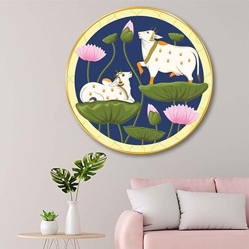 SAF Round Kamdhenu Cow with Lotus Wall Painting – Golden Frame | Traditional Indian Art | Spiritual Wall Décor for Living Room Temple Pooja Room Office (16 X 16 Inch) GRM-263
