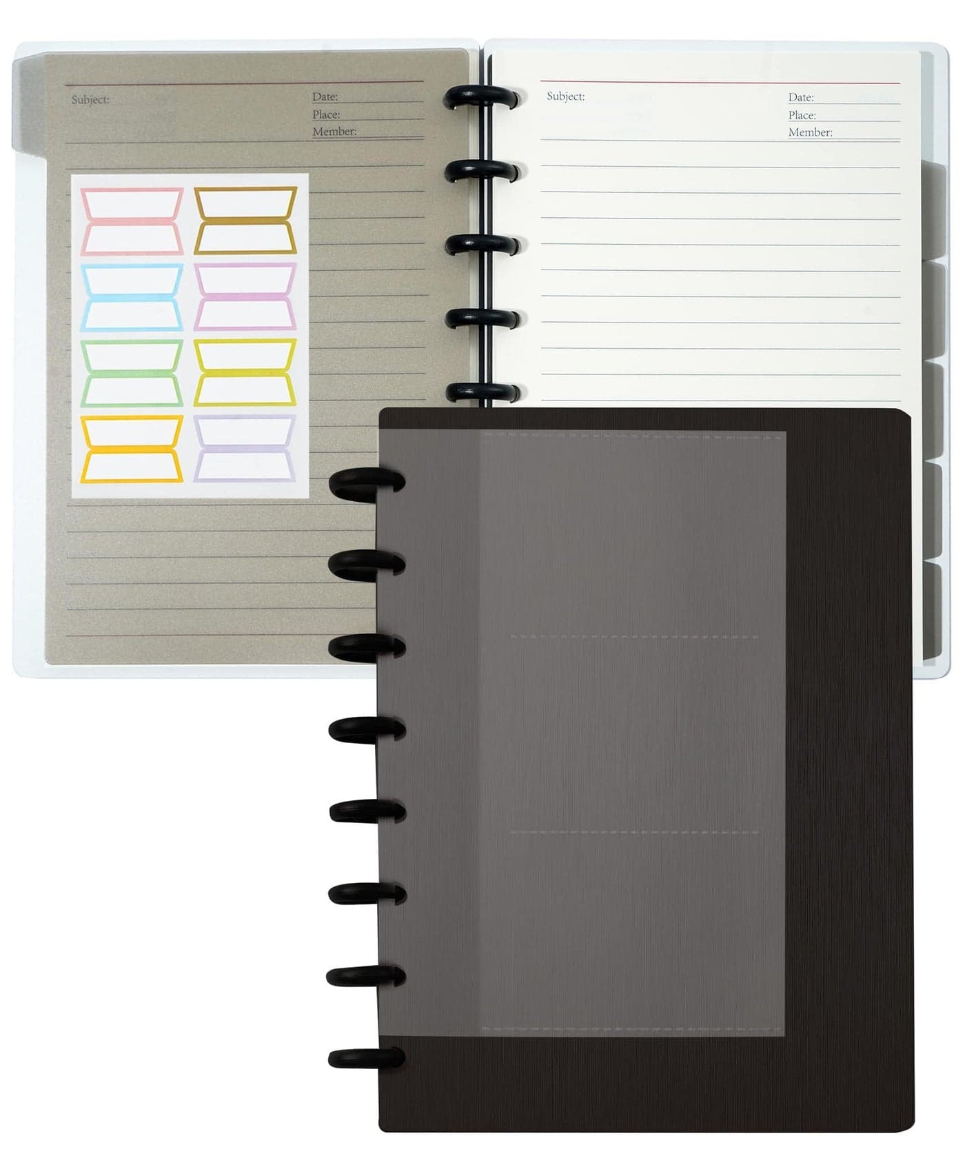 Yoment Discbound Notebook Customizable Spiral Journal Refillable 5 Subject Notebook with Removable Pages 120 Wide Ruled Disc Planner with 6 Binder Dividers & 16 Tabs for Work Meeting School, Black