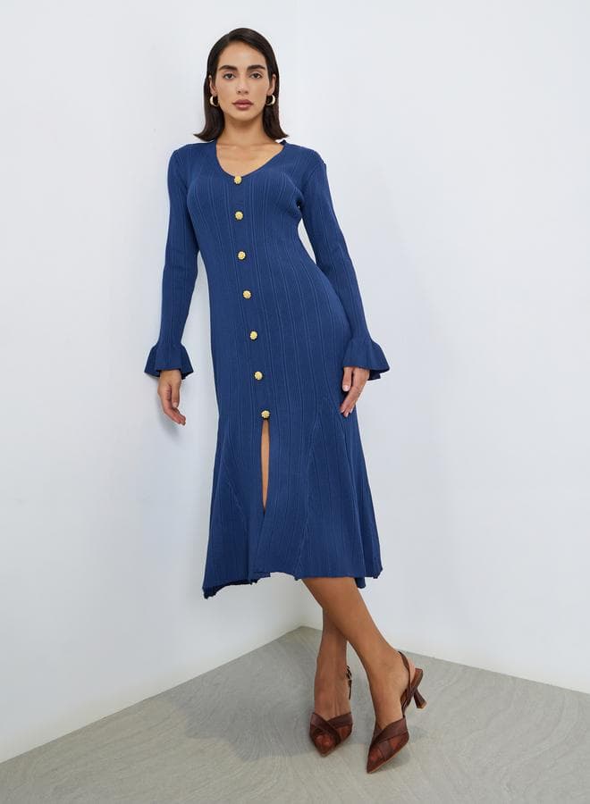 Blue Textured Knit Midi Dress with Buttons