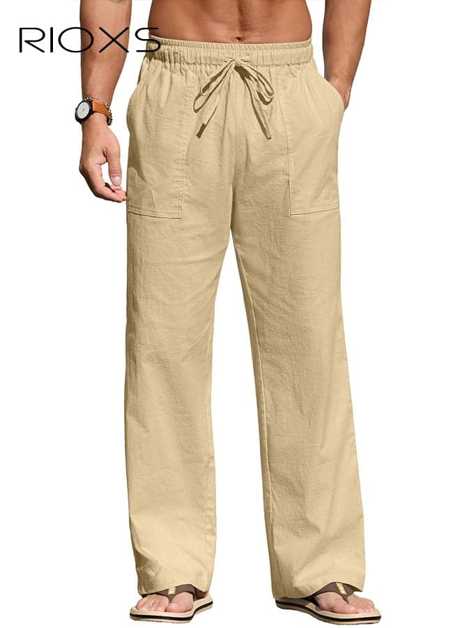 Men's Khaki Relaxed Fit Cargo Pants, Low Rise Drawstring Waist Casual Trousers with Side Pockets, Loose Fit Beach Pants for Summer and Outdoor, Plus Size Streetwear Bottoms, Oversized Cargo Trousers, Summer Streetwear Essentials, Young Men's Fashion Bottoms