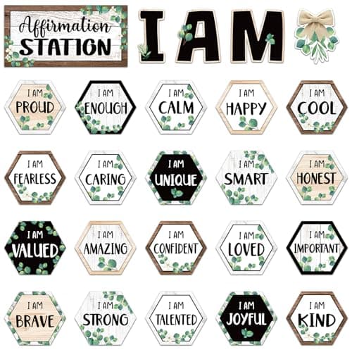 Frienda Eucalyptus Affirmation Station Bulletin Board Set Motivational Posters Classroom Mirror Growth Mindset Decor Positive Affirmations Accents Cutouts for School Office Home Teacher Wall Supply
