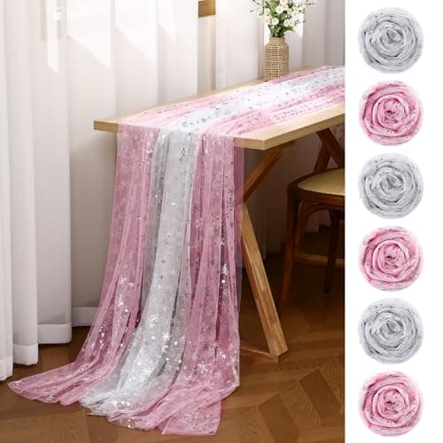 Hahafelt 6 Pcs Pink a Snowflake is on The Way Party Supplies Snowflake Table Runner 10 ft Cheesecloth Fabric Sparkling Tulle Tablecloth Sheer Chiffon Gauze Runner for Christmas Birthday