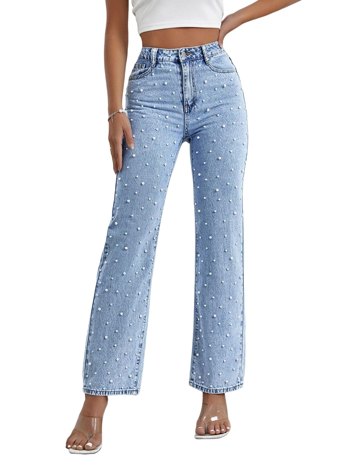 Kedera Women Pearls Beaded Flare Leg Jeans Loose Fit Stretchy Casual Straight Jeans Denim Trousers