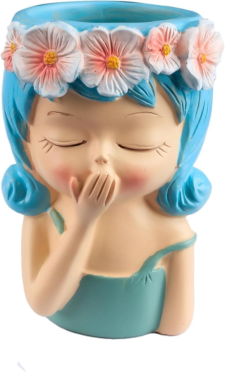 Yo Green Cute Kissing Girl Face Planter with Flower Crown – Resin Succulent & Indoor Plant Pot, Decorative Cartoon Doll Planter for Home Office Desk, Small Flower Pot for Succulents, Cactus, Herbs