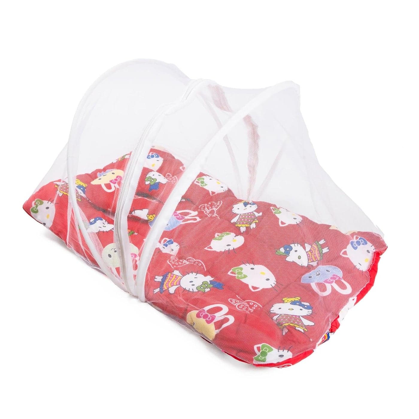 SWADDLING Baby Bed with Mosquito Net Neck Pillow Baby Gadda Set for New Born Printed Baby Gadda Baby Sleeping Cute Cat Printed Red