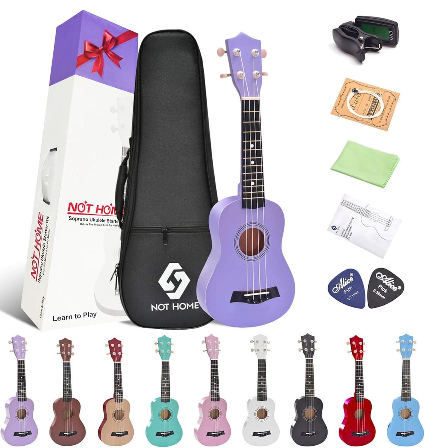 Soprano Ukulele Beginner Pack, 21 Inch Basswood kids Ukuleles Starter Kit with Gig Bag Digital Tuner Spare Strings and Picks. (purple)
