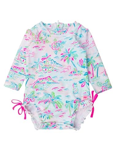 RuffleButts Baby Girls UPF 50+ Sun Protection Tropical Print Long Sleeve One Piece Rash Guard Swimsuit with Zipper - Tropical Resort, 3-6m