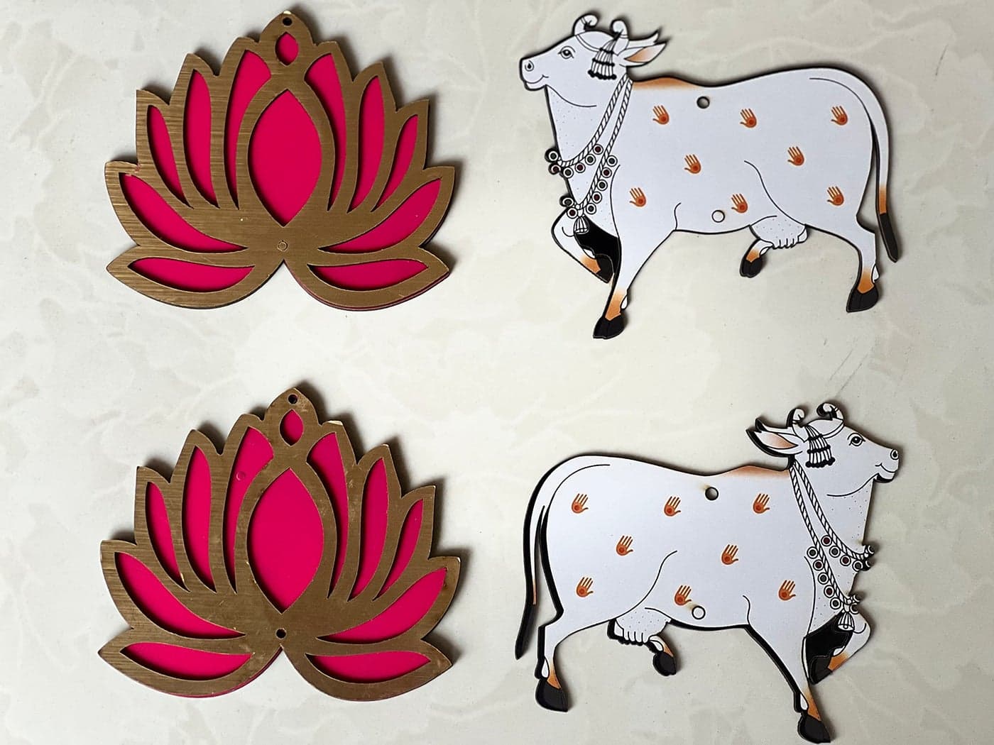 Kavya Fashion Set of 10(10 Cow & 10 Lotus) Lotus & Cow MDF Wooden Cutout|DIY Rangoli Kit|Decoration for Diwali|for Rangoli, Pooja, Decorations, Festival Gift, (White)