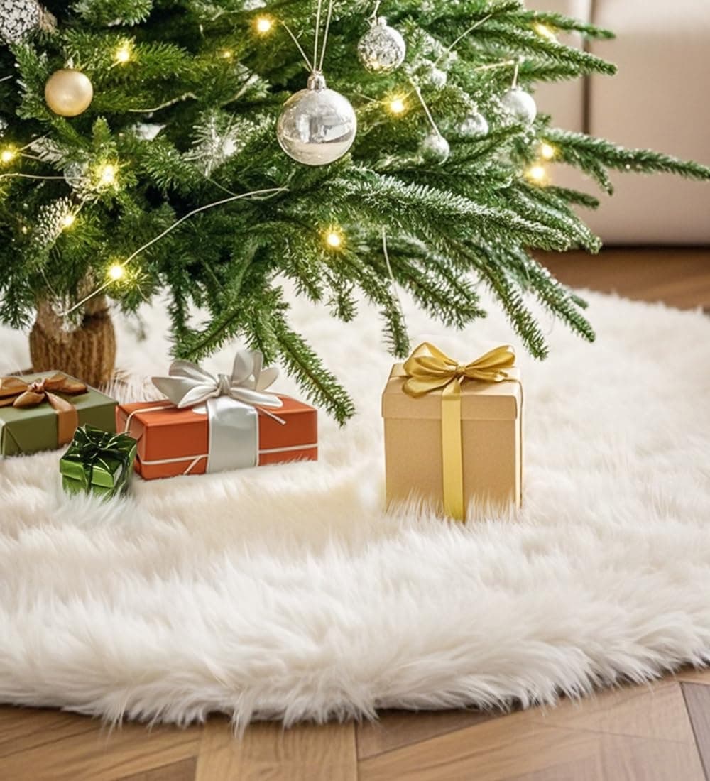 Multiwins 48 Inch Faux Fur Christmas Tree Skirt Fluffy Plush Skirt for Christmas Tree White Christmas Tree Rug Skirt Perfect for Christmas Party Decorations