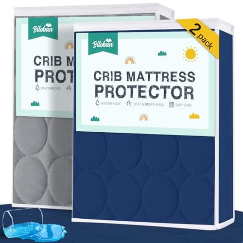 Biloban Crib Mattress Protector 2 Pack Waterproof Durable Grey Navy Absorbent Noiseless Fits Standard 28 x 52 x 5 Inch Mattresses