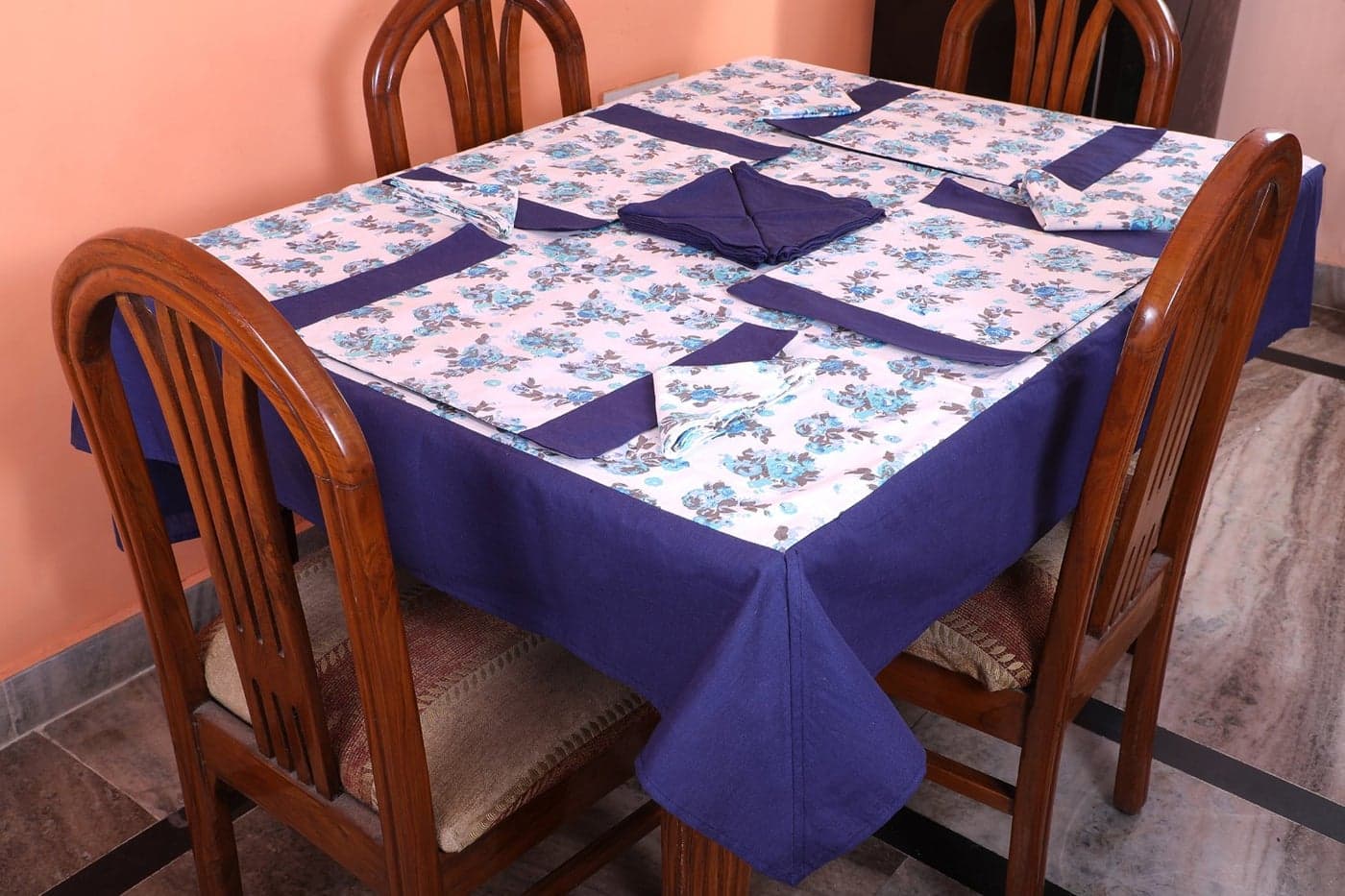 Dekor World Floral Printed Blue Table Cover with Place Mat & Napkin (Pack of 25)