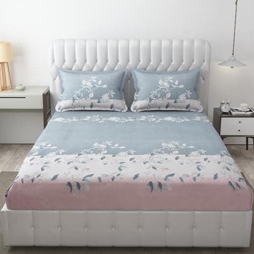FRESH FROM LOOM Bedsheet Microfiber for Double Bed King Size | Floral Design Bed Spread with 2 Pillow Covers | Wrinkle Free Hypo-Allergenic Bedsheets/Bedcover (90x95 Inches | Grey), 144 TC