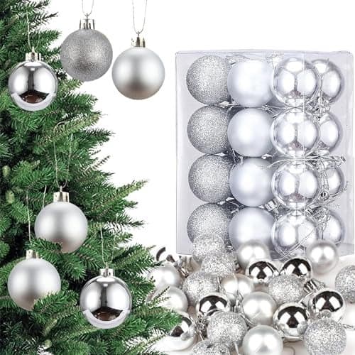Ascension Pack of 24 Christmas Tree Decoration Balls Ornaments Hanging Props Xmas Tree Décor Accessories - Christmas Decorations Items for Home Office Church Indoor Outdoor (Silver Balls)