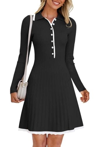 MEROKEETY Women's Long Sleeve V Neck Sweater Dress 2025 Fall Button Knit Pleated Mini Work Dresses, Black, Small