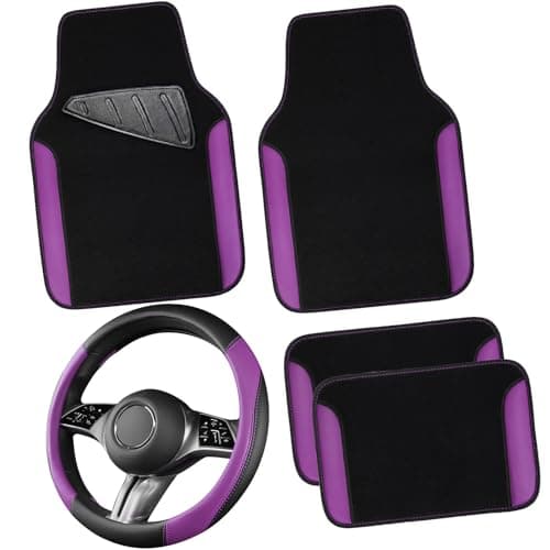CAR PASS Faux Leather Steering Wheel Cover and Waterproof Car Floor MatsUniversal Car Combo Fit for 95 SedanSUVCars14515inch Sporty AntiSlip Safety Comfortable DesignBlackPurple