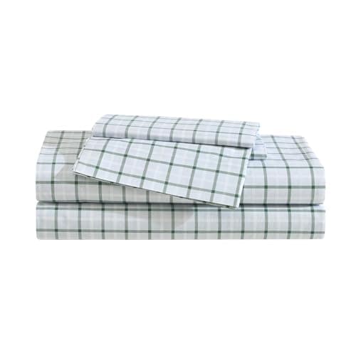 Eddie Bauer Queen Sheet Set Premium Cotton Percale Bedding Set Plaid Home Decor OekoTex Certified Classic Tattersall Plaid Green Queen
