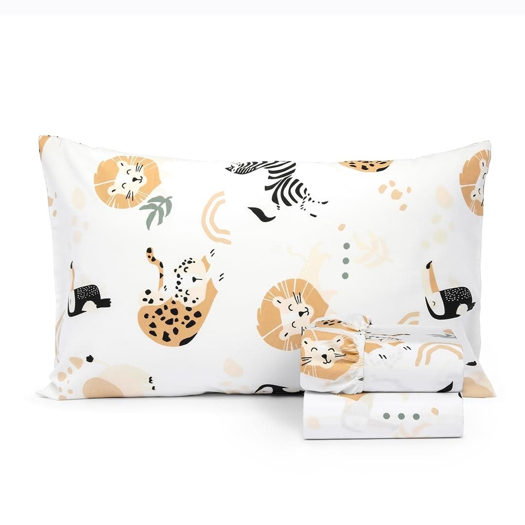 Salt Earth 100 Cotton 210TC Kids Bedsheet Twin Fitted Sheet Toddler Bed 2 Piece Bedding Set 1 Fitted Sheet and 1 Pillowcase Themed Toddler Bed Sheets Cute Sheets for Kids Bed Jungle