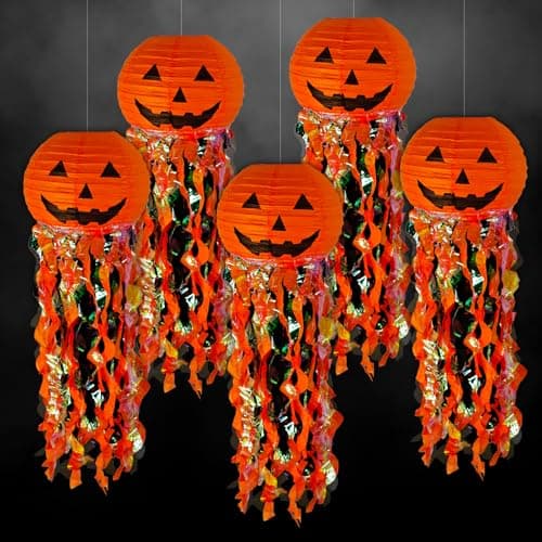 ADLKGG Pumpkin Paper Lanterns for Halloween Party Decorations Orange Black Hanging Paper Lanterns for Kids Adult Birthday Wedding Graduation Indoor Outdoor Garden Home Decor 5 Pcs