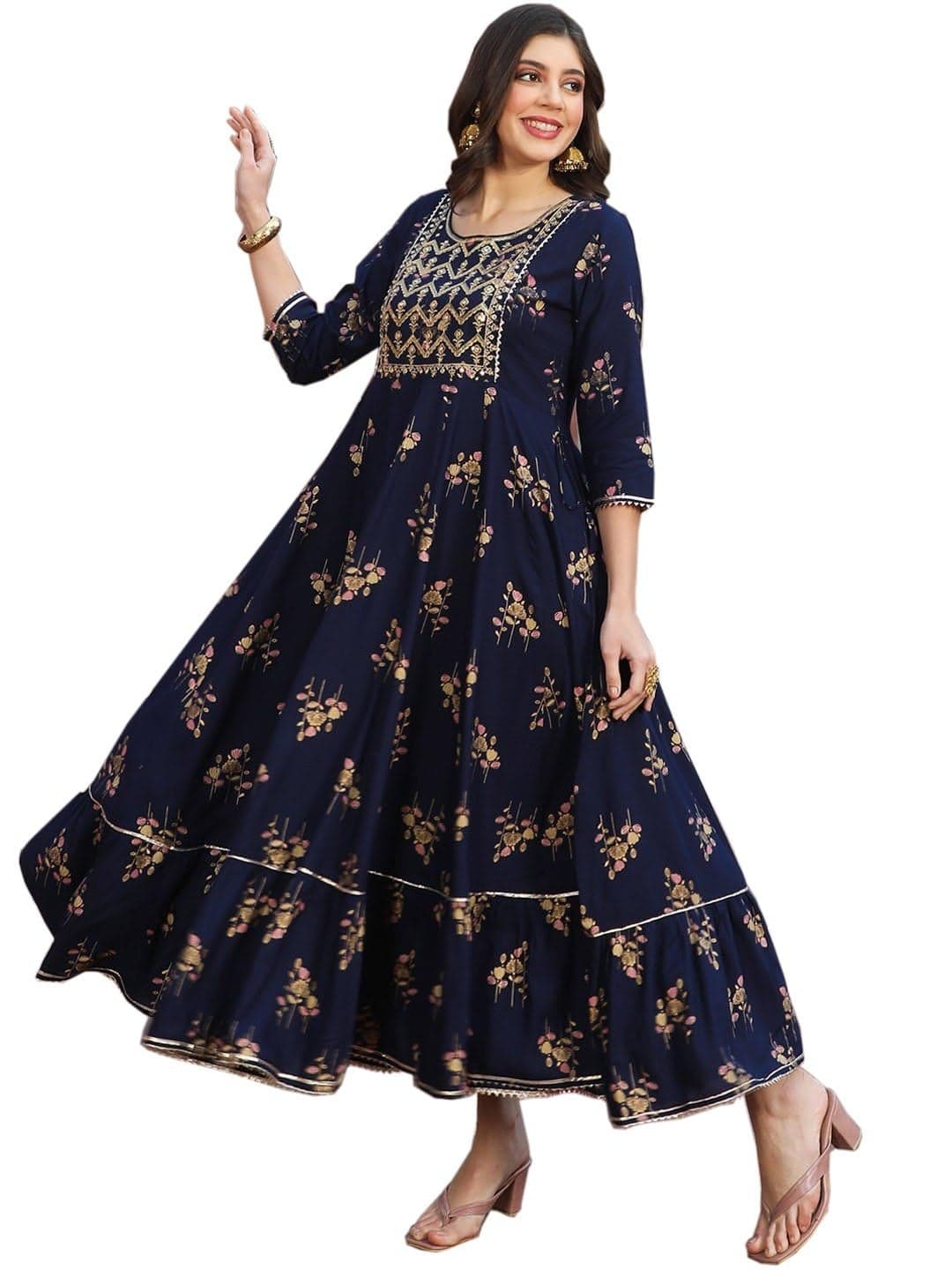 LAVANDIS Women's Anarkali Long Gown Kurti with Gold Print & Embroidery - Ethnic Flared Dress for Girls Casual Wear