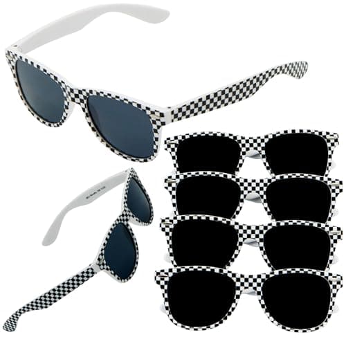 4Es Novelty 12 Race Car Checkered Sunglasses for Kids Bulk 12 Pack with UV400 Protection Racecar Party Favor Supplies Summer Pool Beach Accessories Racing Theme Birthday Gifts