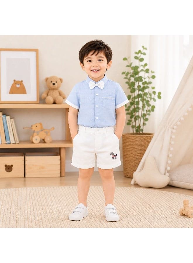 Toddler Boys Formal Outfit Set 18-24 Months – Short Sleeve Textured Blue Shirt with Bow Tie, White Shorts with Zebra Embroidery, Summer Party & Birthday Clothing Set
