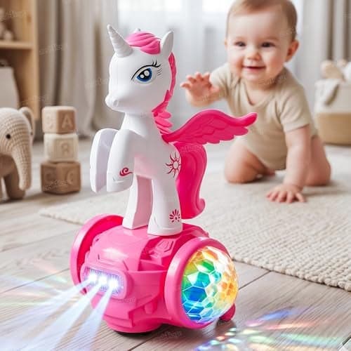 Zest 4 Toyz Musical Dancing Toys for Kids Babies 360 Degree Rotating Bump N Go Action Unicorn Light&Sound Moving Crawling Toys for 1 Year Old Kid,Pink