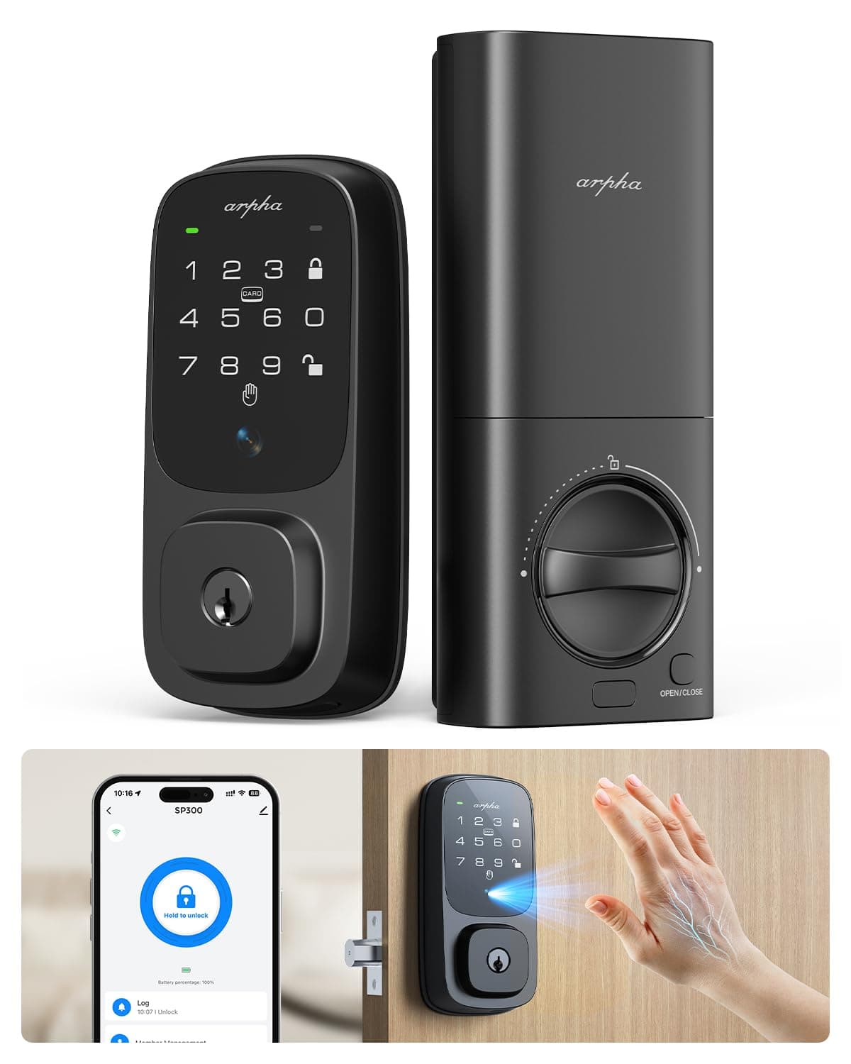 ARPHA Palm Identification Keyless Entry Door Lock with Handles, Front Door WiFi Smart Lock, Palm Identification Front Door Lock Set, Built-in Wi-Fi Door Bolt, App Remote Control, Auto Lock
