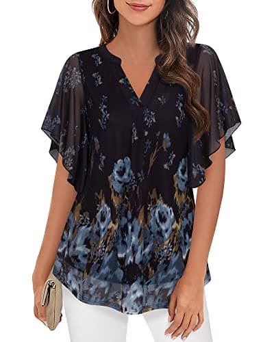 Timeson Ladies Tops and Blouses: Short Sleeve - Tunic Tops for Women Fashion Spring Clothes for Women 2024 Professional Attire Office Work Wear Split V Neck Dressy Shirts for Leggings Black Blue L