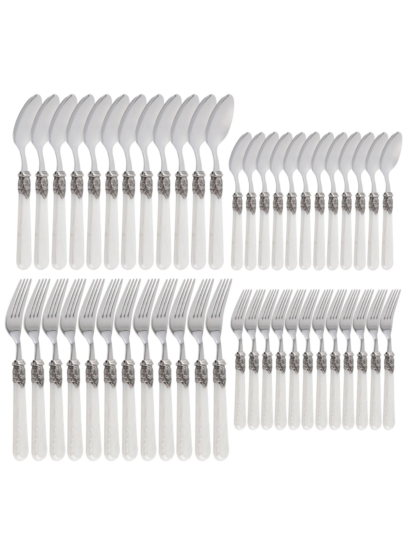 Life Smile 48-Piece 18/10 Stainless Steel Cutlery Set with White Resin Handles | Service for 12 | Dinner Spoons, Dinner Forks, Tea Spoons & Cake Forks | Elegant Tableware