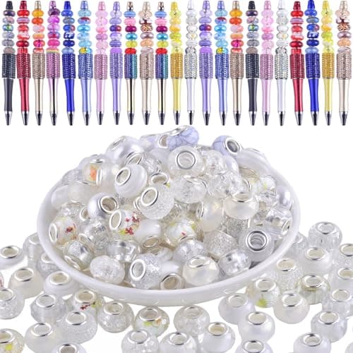 Large Hole Beads for Jewelry Making 120pcs 14mm Large Hole Murano Beads for Pens European lampwork Bead for Beadable Pens Spacer Bead Bulk for Crafts Garden Stakes White Mix