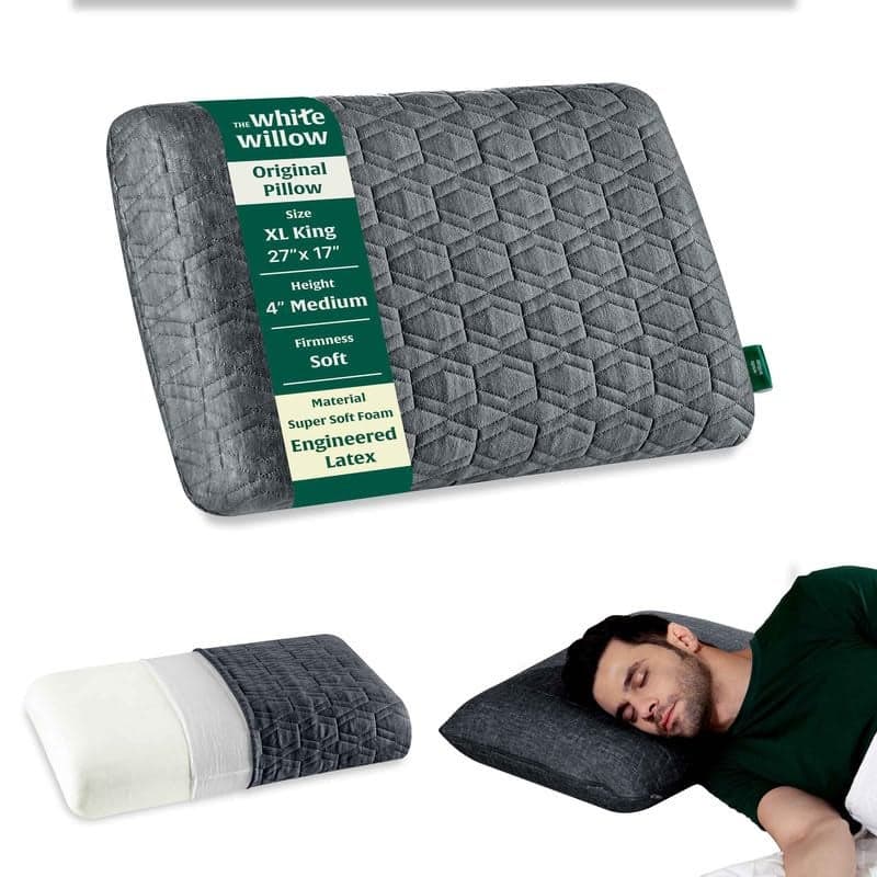 The White Willow Engineered Latex Pillow – Orthopedic Support for Neck & Shoulder – Soft – XL King Size – 4" H – Grey